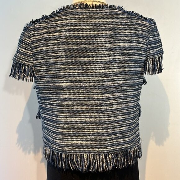 424 Fifth Lord&Taylor blue/white tweed fringe short sleeve jacket/blazer size 6 - Picture 4 of 11